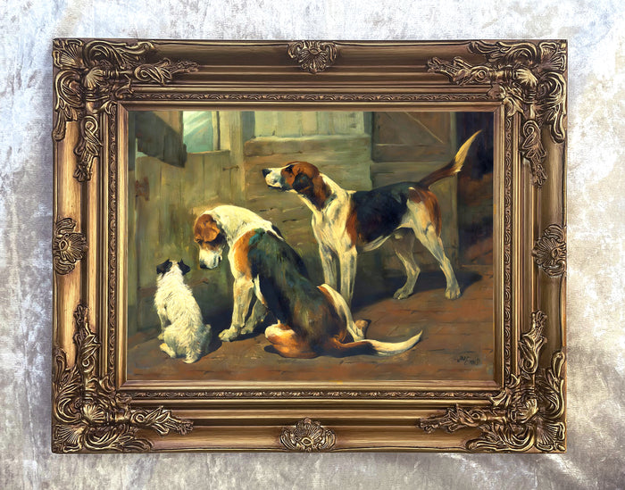 Fine Gilt Framed Oleograph of Hounds at a Stable Door aft. Emms