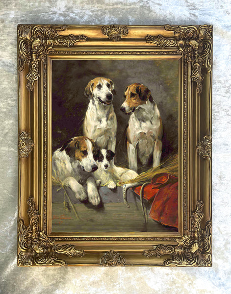 Gilt Framed Oleograph of Hounds & a Jack Russell in a Stable aft. Emms