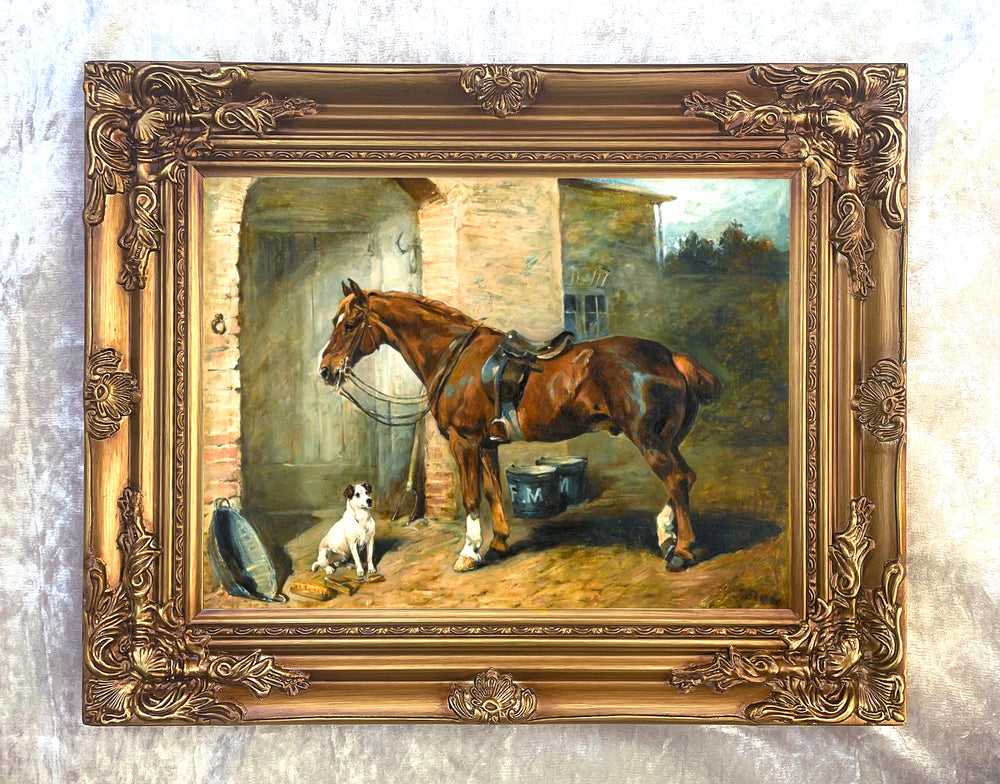 Fine Oleograph on Canvas of a Saddled Hunter & Dog by a Stable aft. Emms