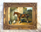 Fine Oleograph on Canvas of a Saddled Hunter & Dog by a Stable aft. Emms