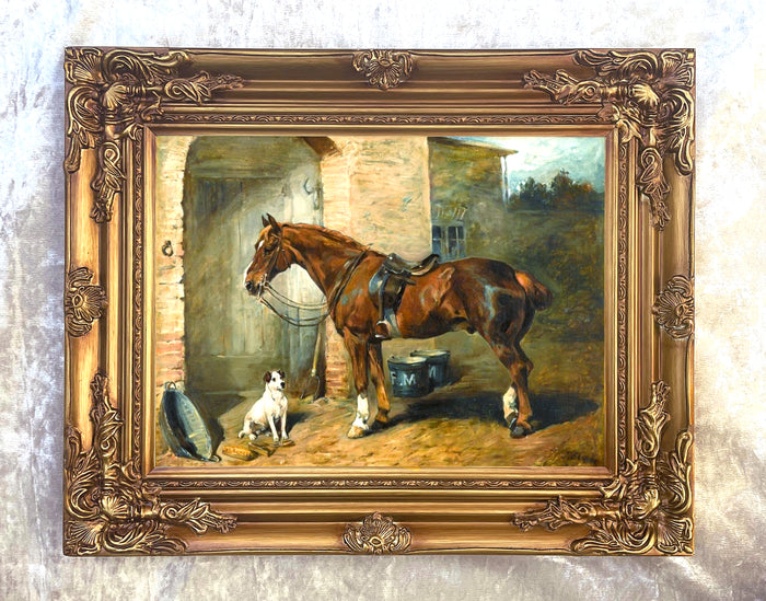 Fine Oleograph on Canvas of a Saddled Hunter & Dog by a Stable aft. Emms