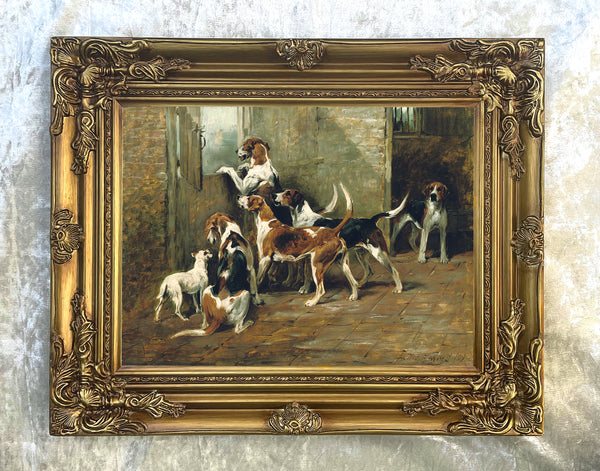 Gilt Framed Lithograph on Canvas - Foxhounds at the Stable Door after the original by John Emms