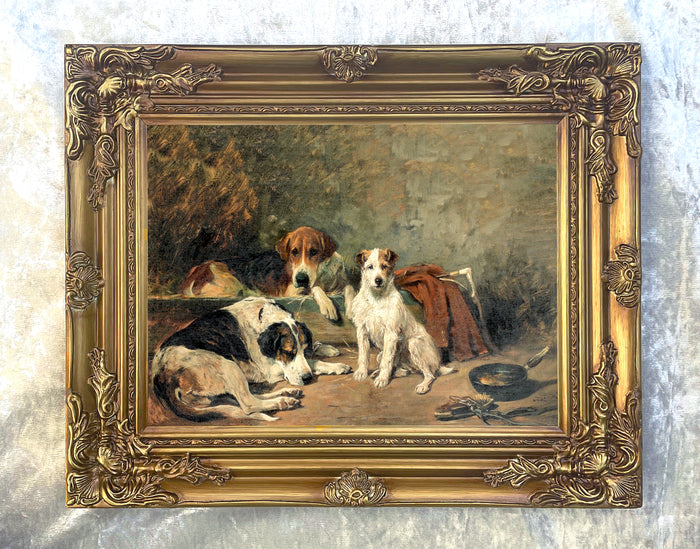 Gilt Framed Oleograph of Hounds in a Stable aft. Emms