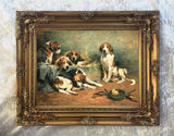 Gilt Framed Oleograph of  Foxhounds In a Stable aft. John Emms