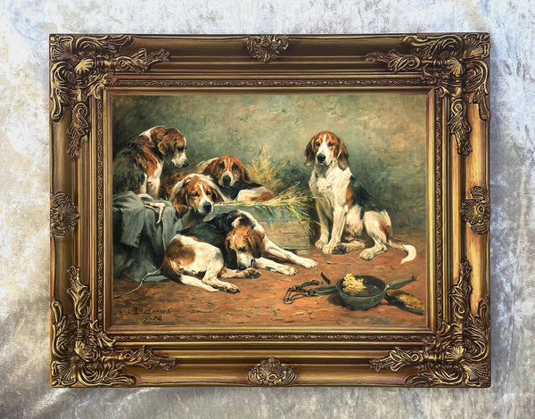 Gilt Framed Oleograph of  Foxhounds In a Stable aft. John Emms