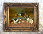 Fine Framed Oleograph of  Foxhounds & a Jack Russell in a Stable aft. John Emms