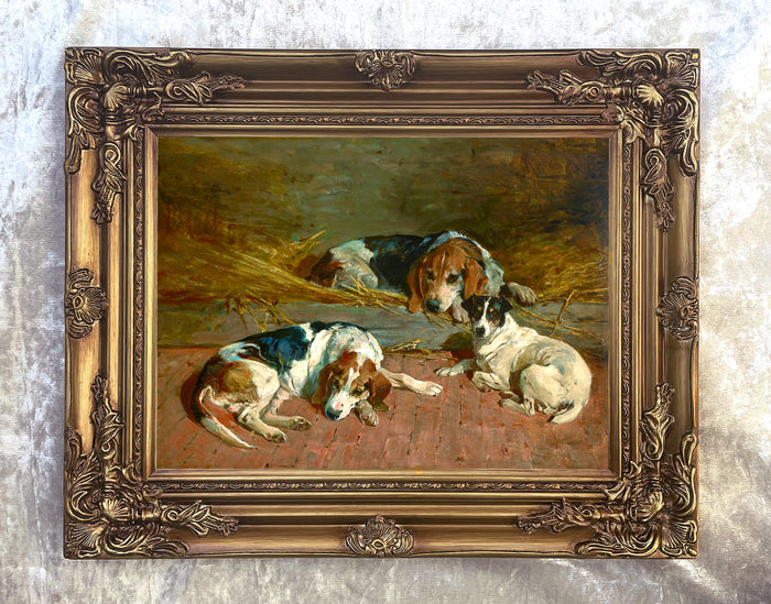 Fine Framed Oleograph of  Foxhounds & a Jack Russell in a Stable aft. John Emms