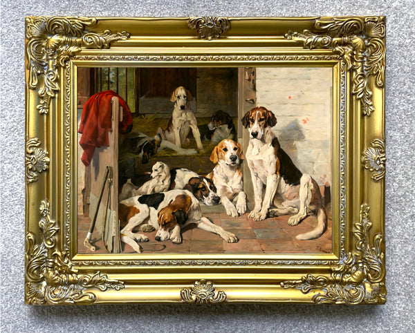 Fine Framed Oleograph of Hounds in a Stable Yard aft. John Emms