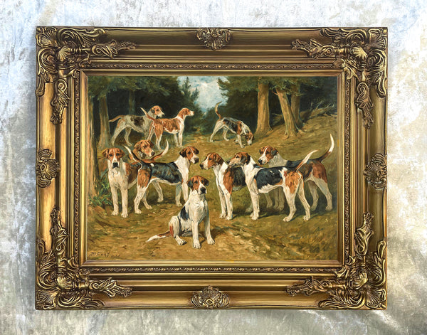 Fine Framed Oleograph of  Foxhounds in a Landscape aft. John Emms
