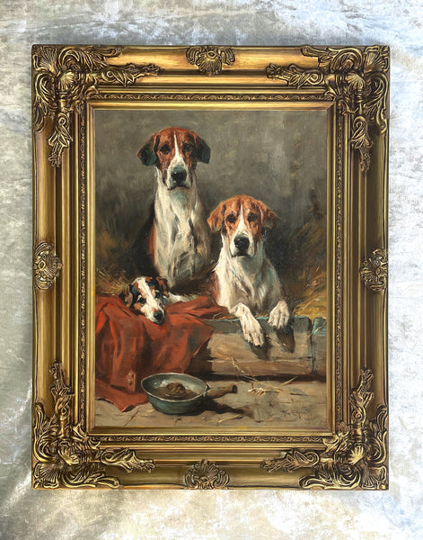 Fine Framed Oleograph of Hounds in a Stable aft. John Emms
