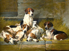 Fine Gilt Framed Oleograph of Foxhounds in a Stable aft. John Emms
