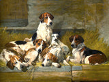 Fine Gilt Framed Oleograph of Foxhounds in a Stable aft. John Emms