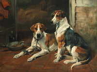 Fine Oleograph on Canvas - A Pair of Foxhounds seated in a Stable