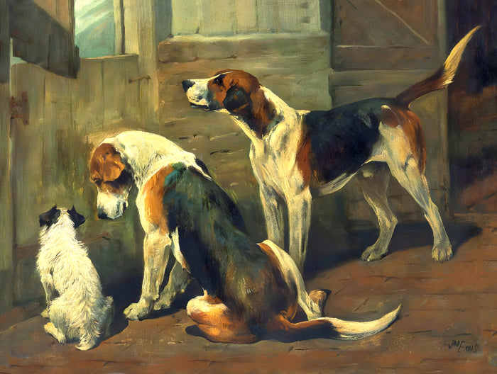 Fine Gilt Framed Oleograph of Hounds at a Stable Door aft. Emms