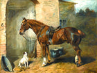 Fine Oleograph on Canvas of a Saddled Hunter & Dog by a Stable aft. Emms