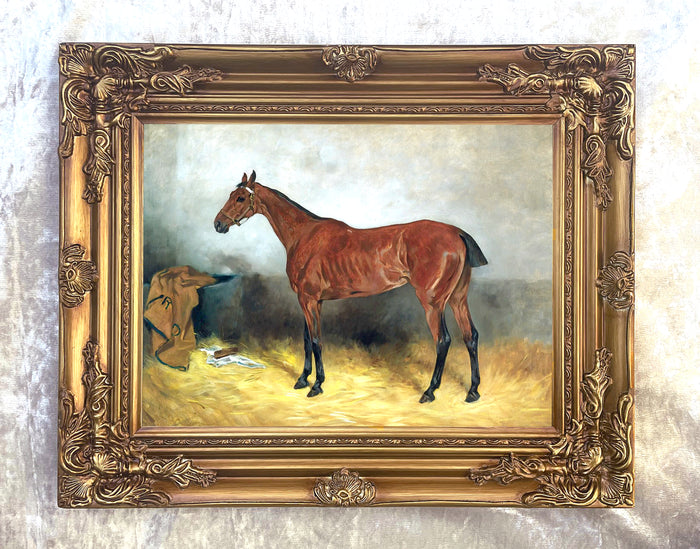 Fine Oleograph on Canvas of a Hunter in a Stable aft. John Emms