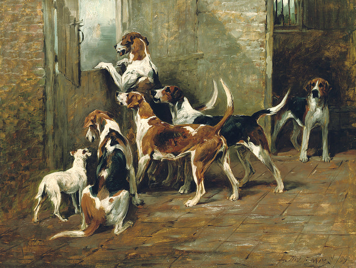 Gilt Framed Lithograph on Canvas - Foxhounds at the Stable Door after the original by John Emms