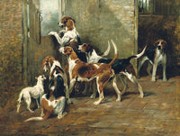 Gilt Framed Lithograph on Canvas - Foxhounds at the Stable Door after the original by John Emms