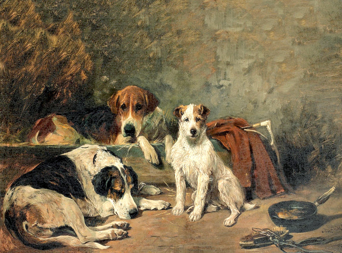 Gilt Framed Oleograph of Hounds in a Stable aft. Emms