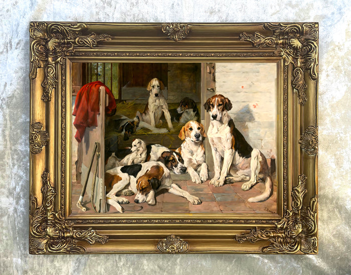 Fine Framed Oleograph of Hounds in a Stable Yard aft. John Emms
