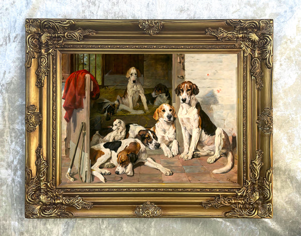 Fine Framed Oleograph of Hounds in a Stable Yard aft. John Emms