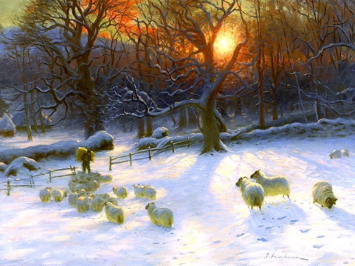 Fine Oleograph on Canvas of Sheep in a Wintry Twilight Landscape after Farquharson