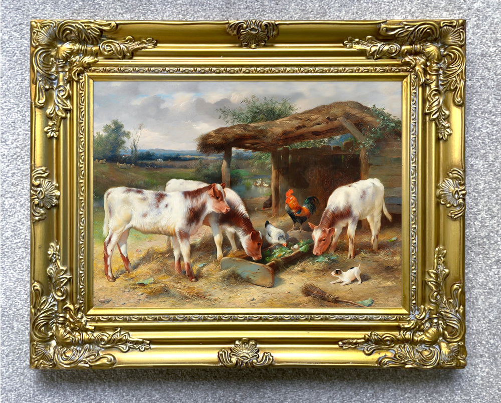 Fine Oleograph on Canvas of Cows & Chickens in a Yard