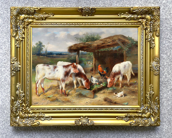 Fine Oleograph on Canvas of Cows & Chickens in a Yard