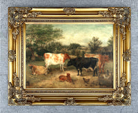 Oleograph on Canvas of Cattle in a Farmyard in a Gilt Gesso Frame