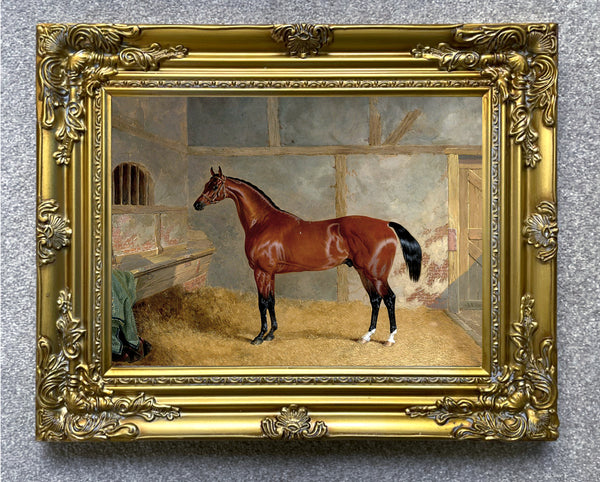 Gilt Framed Oleograph of  a Bay Horse in a Stable - John Ferneley