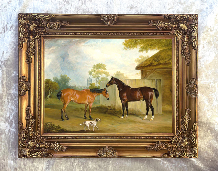 Fine Oleograph on Canvas - Two Hunters with a Hound