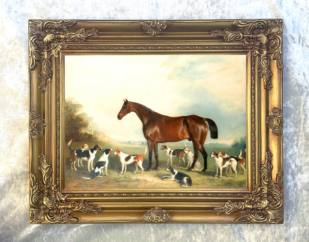 Oleograph on Canvas of a Bay Hunter with Hounds