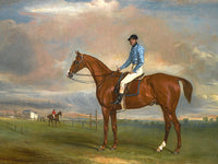 Fine Gilt Framed Lithograph of a Bay Racehorse with Jockey Up - aft. John Ferneley