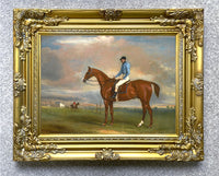 Fine Gilt Framed Lithograph of a Bay Racehorse with Jockey Up - aft. John Ferneley