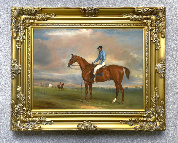 Fine Gilt Framed Lithograph of a Bay Racehorse with Jockey Up - aft. John Ferneley