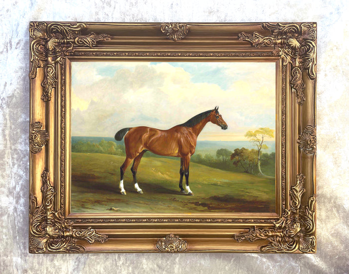 Fine Oleograph on Canvas of a Bay Hunter in a Rural Landscape