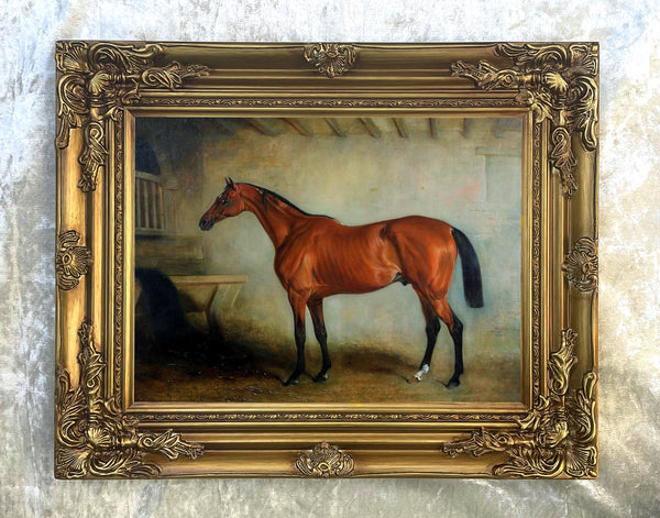 Gilt Framed Oleograph of  a Racehorse in a Stable aft. John Ferneley