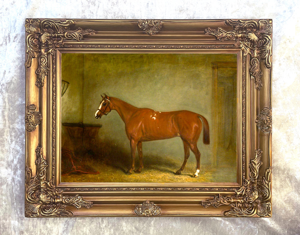 Excellent Oleograph on Canvas - Portrait of a Chestnut Hunter in a Stable
