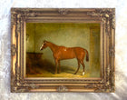 Excellent Oleograph on Canvas - Portrait of a Chestnut Hunter in a Stable