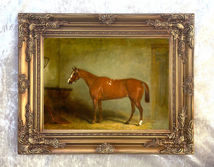 Excellent Oleograph on Canvas - Portrait of a Chestnut Hunter in a Stable