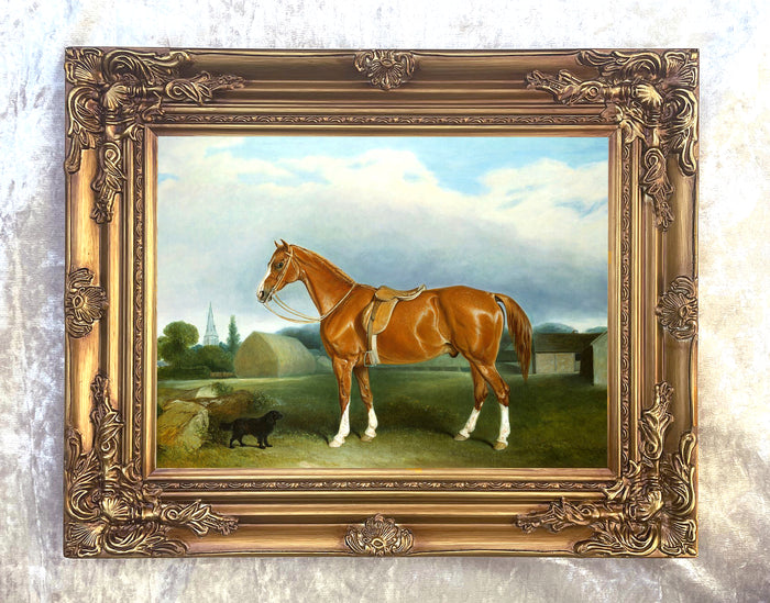Fine Oleograph on Canvas - Saddled Horse with a Dog aft. John Ferneley