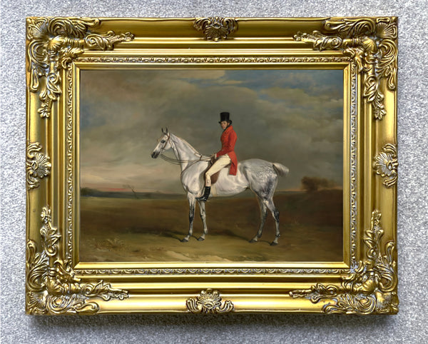 Gilt Framed Lithograph of a Huntsman on a Grey Horse - aft. John Ferneley