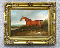 Fine Oleograph on Canvas of a Bay Horse & Cavalier King Charles Spaniel.