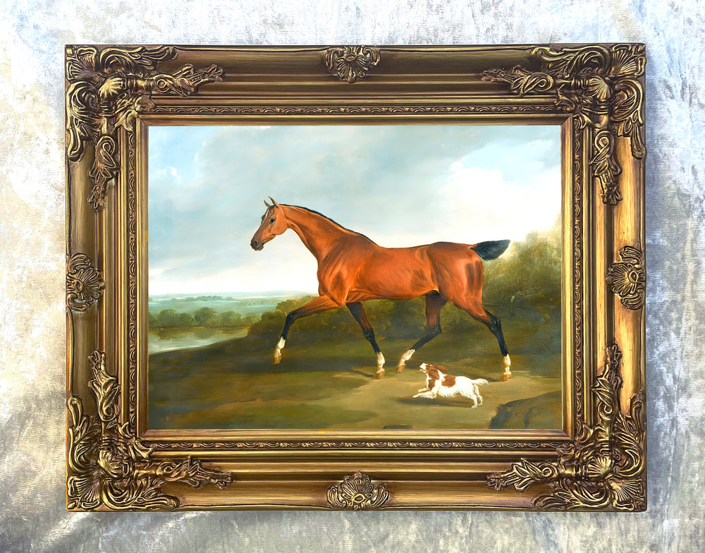 Fine Oleograph on Canvas of a Bay Horse & Cavalier King Charles Spaniel