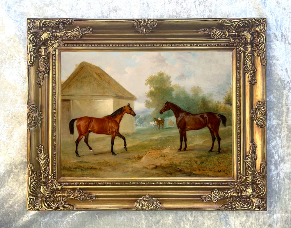 Oleograph on Canvas of a Pair of Hunters by a Field Shelter aft. John Ferneley