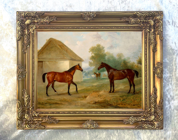 Oleograph on Canvas of a Pair of Hunters by a Field Shelter aft. John Ferneley