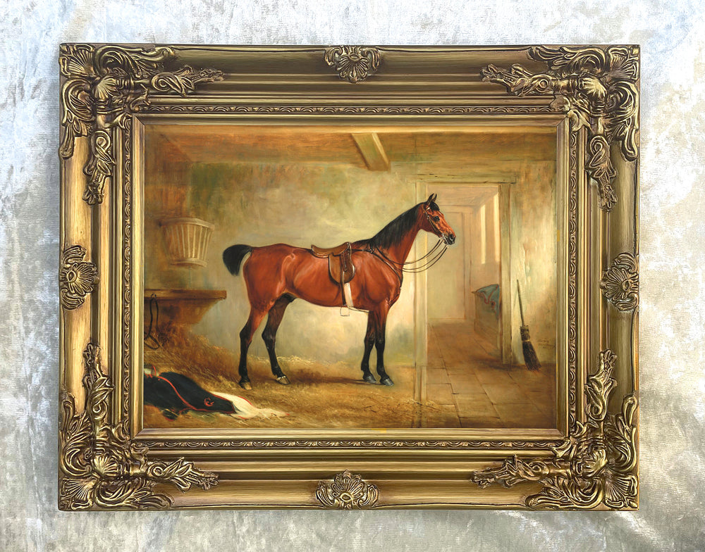 Fine Oleograph on Canvas - A Saddled Hunter in a Stable  aft. Ferneley