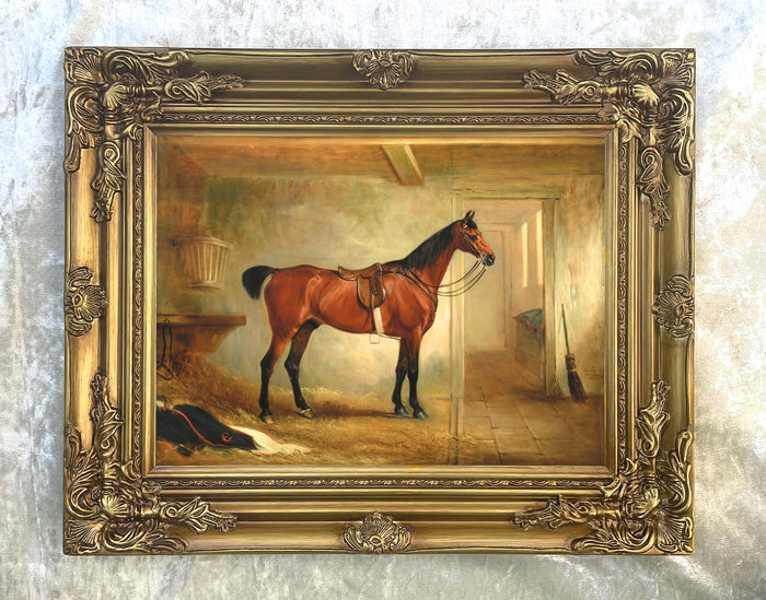 Fine Oleograph on Canvas - A Saddled Hunter in a Stable  aft. Ferneley