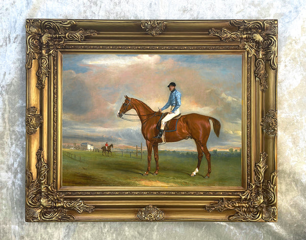 Fine Gilt Framed Lithograph of a Bay Racehorse with Jockey Up - aft. John Ferneley