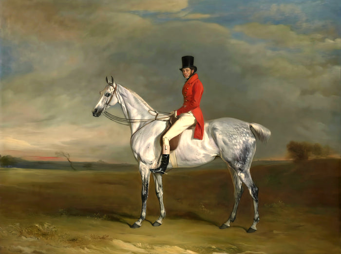 Gilt Framed Lithograph of a Huntsman on a Grey Horse - aft. John Ferneley